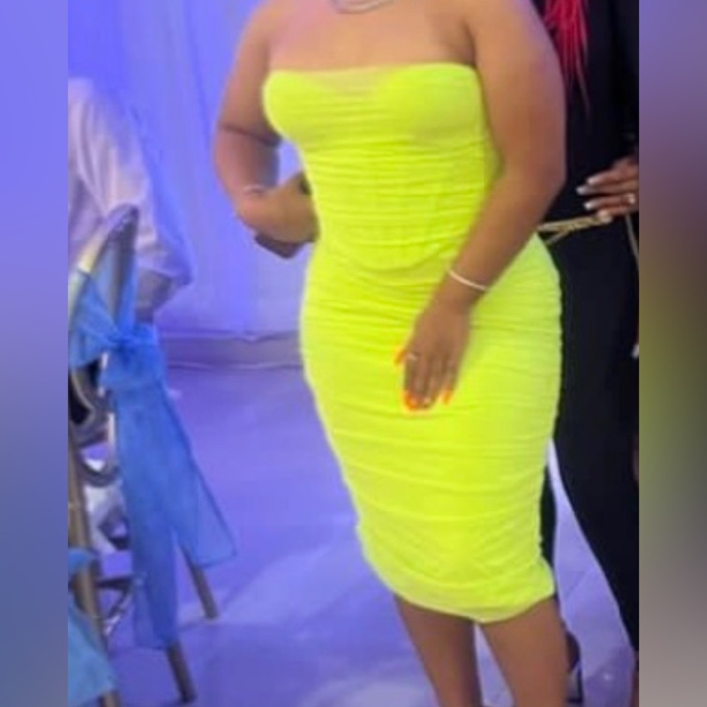 Lime green ruched corset boning midi dress
